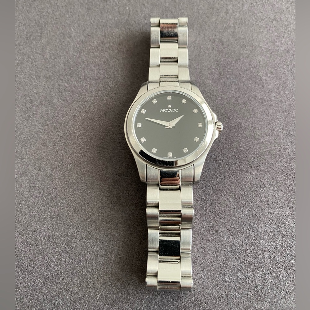 Authentic Movado Women’s Stainless Steel Watch Diamond Hour Markers Black Dial